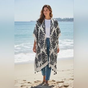 Nordstrom Duster Kimono Longline Tassels Open Front Black & White Boho